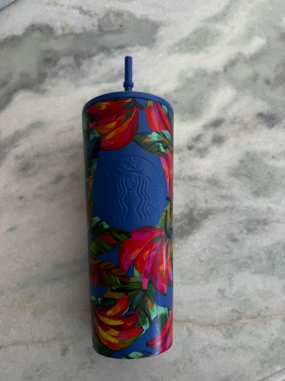 Starbucks x Farm Rio Blue Tumbler with Red & Green Floral Design